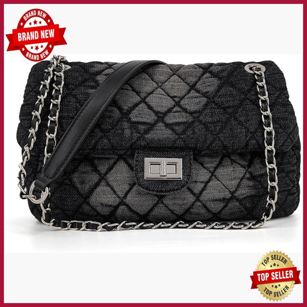 Quilted Denim Hobo Bag with Chain Straps, Crossbody Shoulder Tote